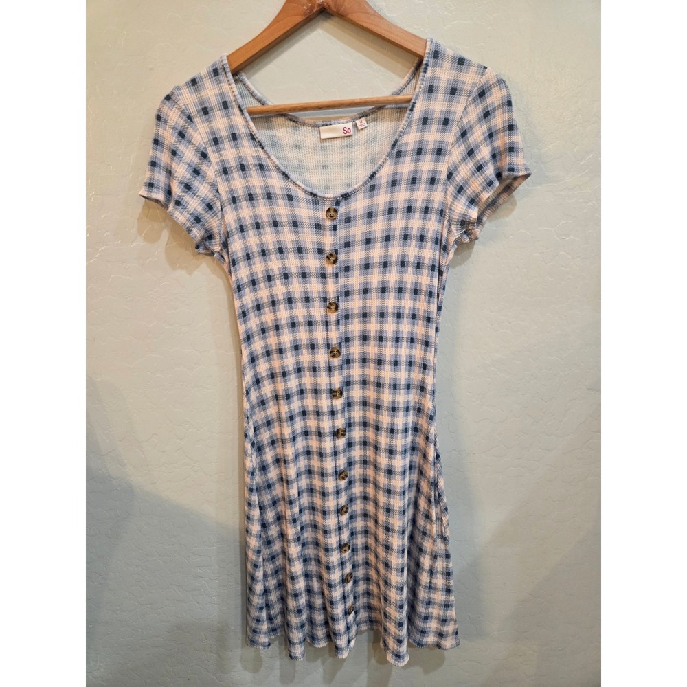 SO Plaid Mini Dress Blue Pink 90s Style Button Front Waffle Knit Size M Womans